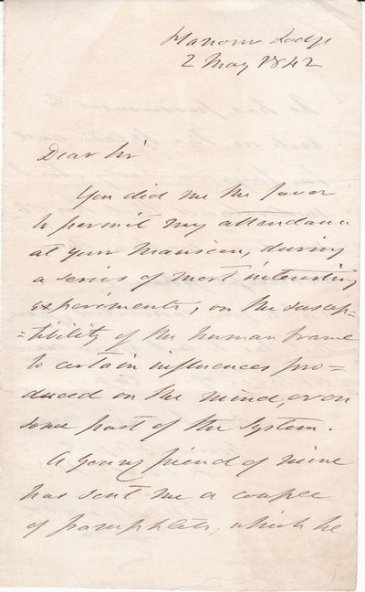 AUTOGRAPH LETTER concerning a demostration of Hypnotism SIGNED "DUNDONALD" by THOMAS COCHRANE, 10TH EARL OF DUNDONALD, addressed to DR. JOHN ELLIOTSON, who is recognized for his role in promoting Mesmerism and Phrenology and for the introduction of the stethoscope to the UK. TOGETHER with a RARE 1809 PORTRAIT OF LORD COCHRANE. Image for AUTOGRAPH LETTER concerning a demostration of Hypnotism SIGNED "DUNDONALD" by THOMAS COCHRANE, 10TH EARL OF DUNDONALD, addressed to DR. JOHN ELLIOTSON, who is recognized for his role in promoting Mesmerism and Phrenology and for the introduction of the stethoscope to the UK. TOGETHER with a RARE 1809 PORTRAIT OF LORD COCHRANE.