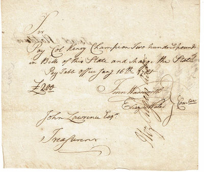 Image for AUTOGRAPH DOCUMENT SIGNED: AN ORIGINAL REVOLUTIONARY WAR PAY ORDER requesting that COL. HENRY CHAMPION be paid the sum of 200 pounds, SIGNED by Connecticut Treasurer JOHN LAWRENCE as well as by 2 committee members and endorsed by Israel Stoddard.