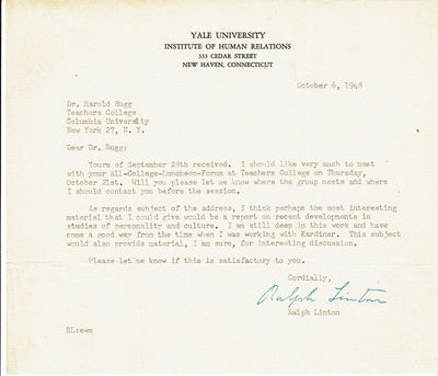 Image for TYPED LETTER TO EDUCATOR HAROLD RUGG SIGNED BY RESPECTED AMERICAN ANTHROPOLOGIST RALPH LINTON.