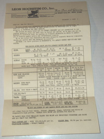 Image for LEON HOCHSTIM CO. INC. RAW FURS AND GINSENG printed form letter and price list distributed to TRAPPERS & SUPPLIERS OF FURS.