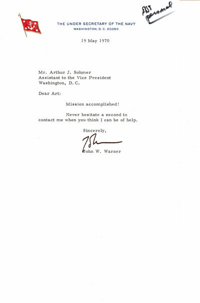 Image for TYPED LETTER TO VICE PRESIDENT AGNEW'S ASSISTANT SIGNED BY THE UNDER SECRETARY OF THE NAVY JOHN W. WARNER.