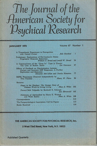 Image for THE JOURNAL OF THE AMERICAN SOCIETY FOR PSYCHICAL RESEARCH. Volume 67, Number 1. January 1973.