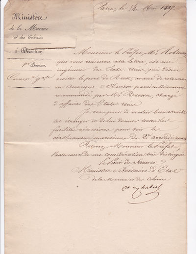 Image for AUTOGRAPH DOCUMENT SIGNED by the French Minister of the Navy CHABROL DE CROUZOL requesting that the Prefet Maritime of the Brest region welcome an American engineer who wishes to visit the port and maritime establishments of the municipality.