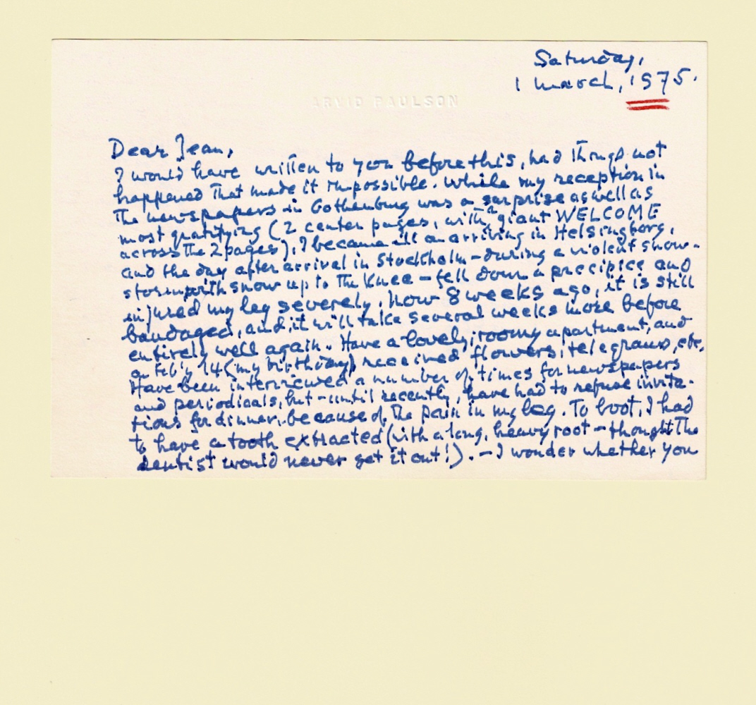 Image for AUTOGRAPH LETTER SIGNED by the Swedish-born American actor ARVID PAULSON to City Center Producer Jean Dalrymple explaining that he injured his leg in a fall from a precipice and that grants should be withheld from a theater group in Huntington until they pay him the royalties they owe. AUTOGRAPH LETTER SIGNED by the Swedish-born American actor ARVID PAULSON to City Center Producer Jean Dalrymple explaining that he injured his leg in a fall from a precipice and that grants should be withheld from a theater group in Huntington until they pay him the royalties they owe.