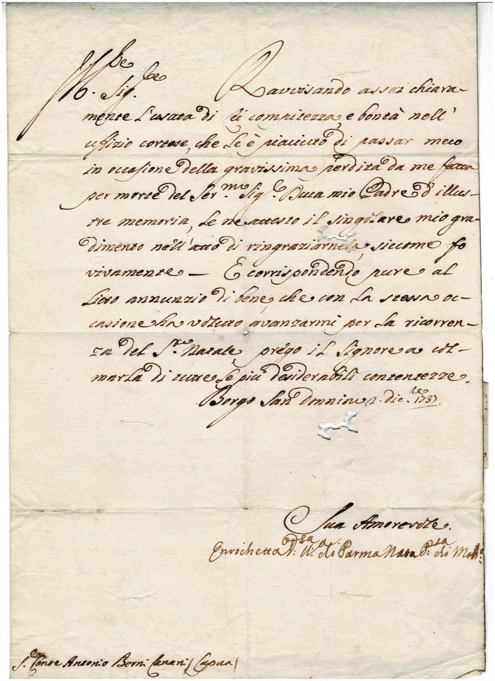 HOLOGRAPH LETTER SIGNED by PRINCESS ENRICHETTA D'ESTE as the DUCHESS OF PARMA, thanking Count Antonio Berni Canan for his kindness following the death of her father Rinaldo d'Este.