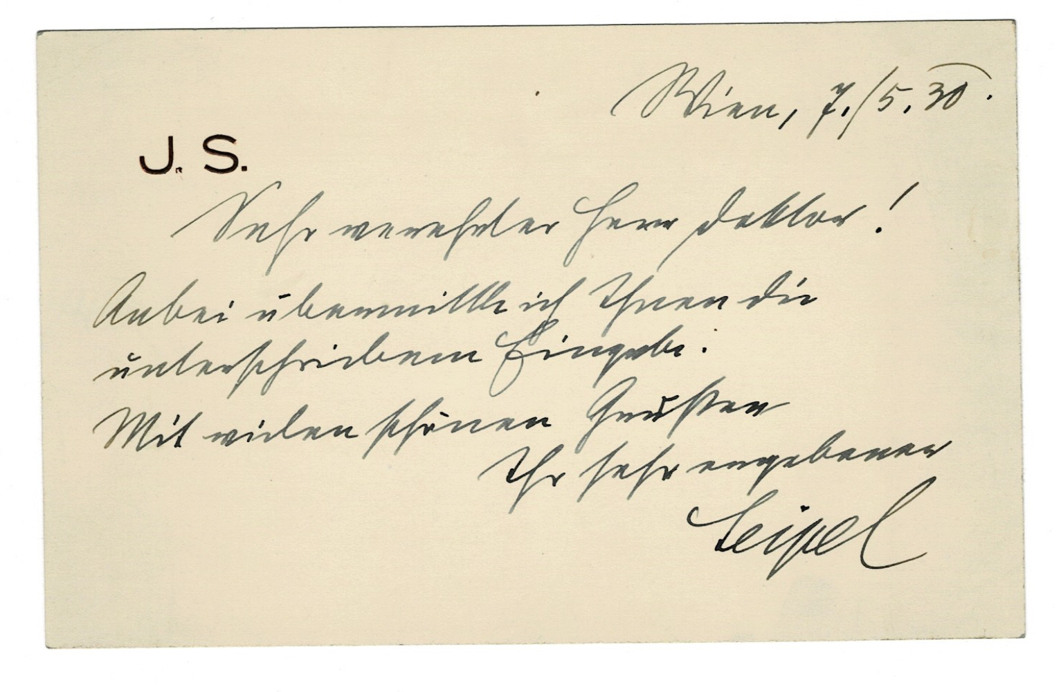 AUTOGRAPH NOTE SIGNED by the Austrian Catholic Priest and Conservative Politician IGNAZ SEIPEL on Minister of Foreign Affairs Johannes Schober's card stock.