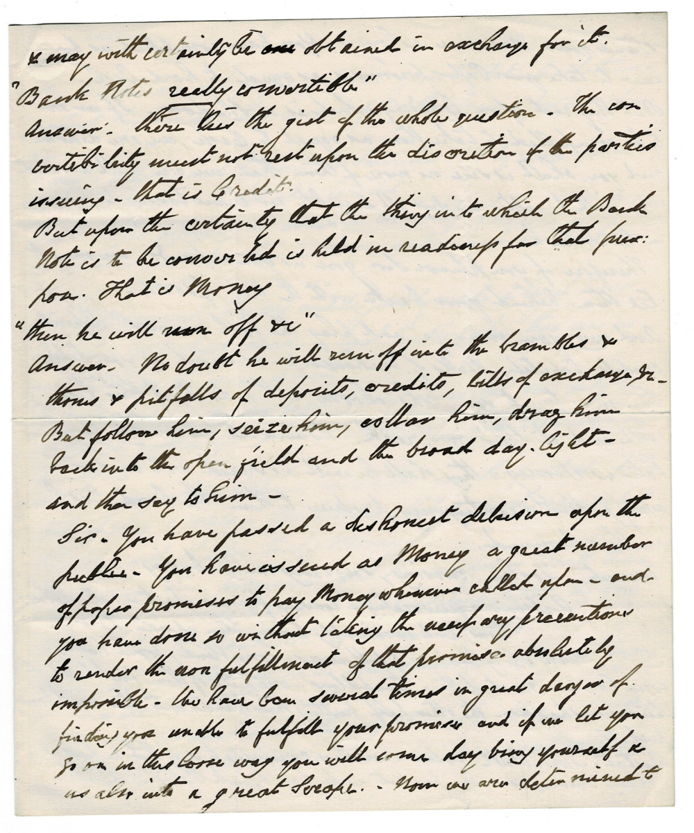 Image for A 4-PAGE MANUSCRIPT VIGOROUSLY DEFENDING THE 1844 BANK ACT WHICH WAS LARGELY HIS CREATION, and concluding with a nasty swipe at his opponents, James Wilson and Thomas Tooke. A 4-PAGE MANUSCRIPT VIGOROUSLY DEFENDING THE 1844 BANK ACT WHICH WAS LARGELY HIS CREATION, and concluding with a nasty swipe at his opponents, James Wilson and Thomas Tooke.