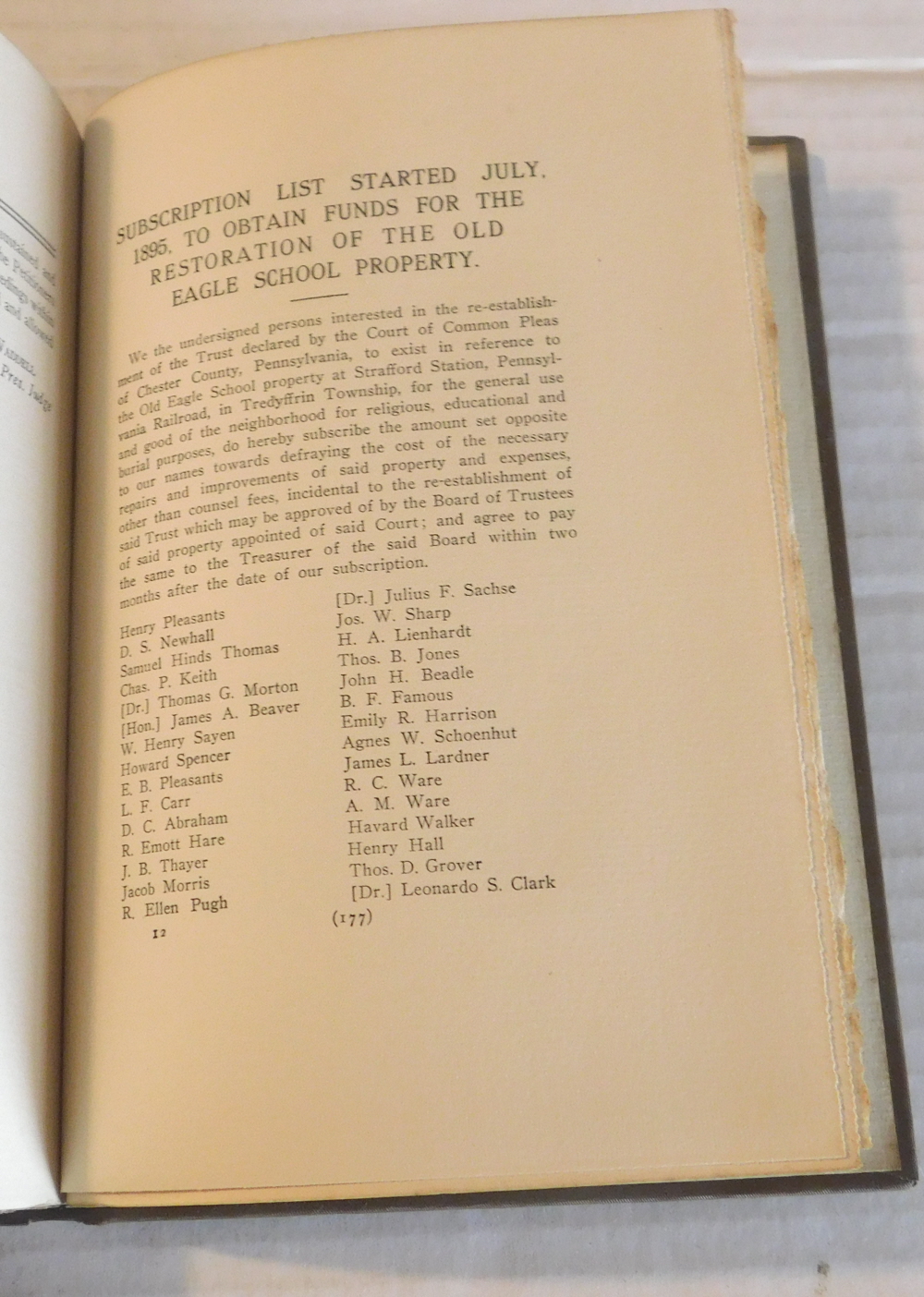 THE HISTORY OF THE OLD EAGLE SCHOOL: TREDYFFRIN, IN CHESTER COUNTY, PENNSYLVANIA. With alphabetical lists of interments in the graveyard and of German settlers in Chester county, and a poem presenting the suggestive features of the place. Prepared at the request of the Trustees of The Old Eagle Scho