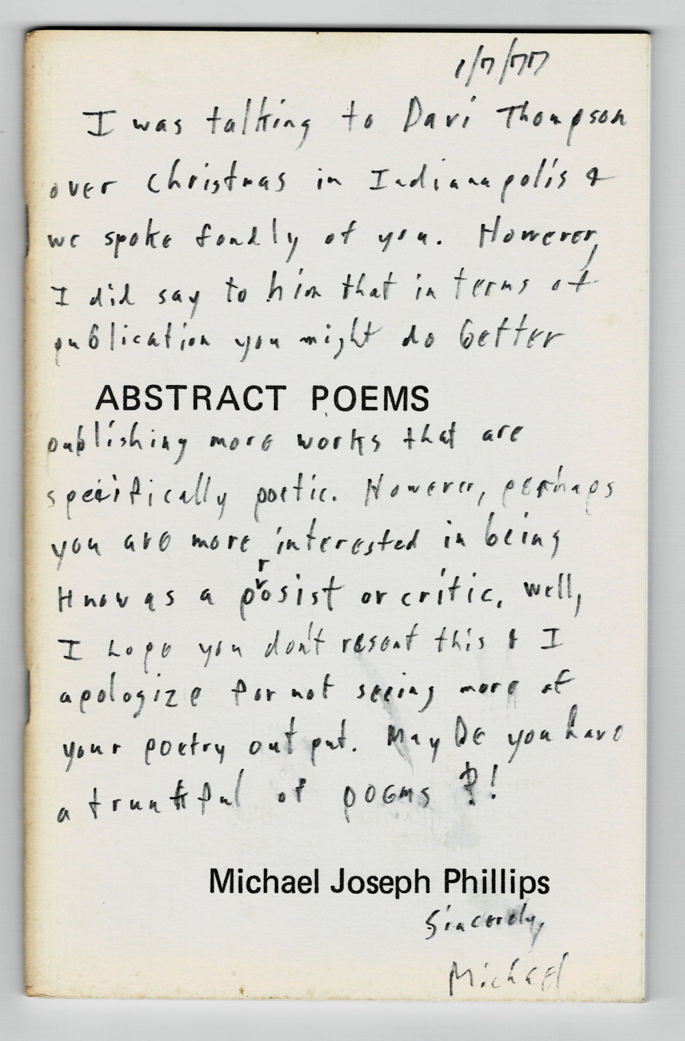 ABSTRACT POEMS. [With a LENGTHY INSCRIPTION SIGNED by MICHAEL JOSEPH PHILLIPS].