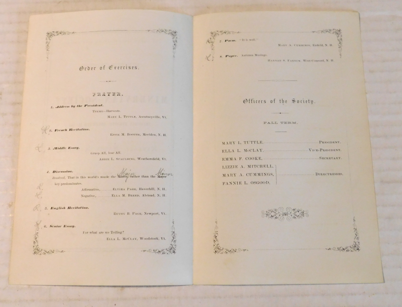 EXERCISES OF THE MINERVIAN SOCIETY, Thursday Evening, November 14, 1867. KIMBALL UNION ACADEMY, Meriden, New Hampshire. [Original Program].