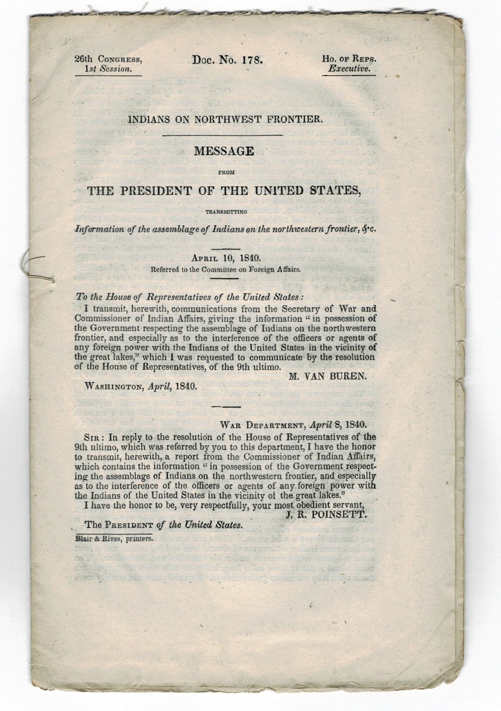 INDIANS ON NORTHWEST FRONTIER. MESSAGE FROM THE PRESIDENT OF THE UNITED STATES, TRANSMITTING INFORMATION OF THE ASSEMBLAGE OF INDIANS ON THE NORTHWESTERN FRONTIER. (20th Congress, 1st Session. Doc. No. 178. Ho. of Reps. Executive).