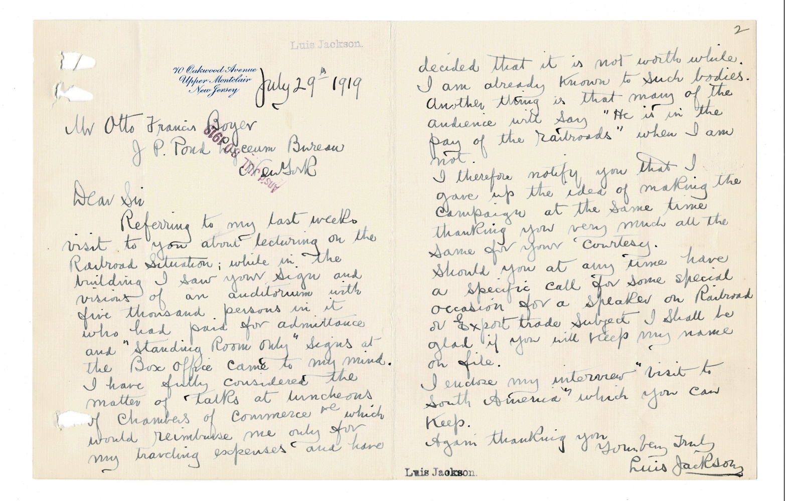 AUTOGRAPH LETTER SIGNED by the Traffic Extension Commissioner for the Erie Railroad Company LUIS JACKSON, explaining why he would not find it profitable to lecture in small venues.