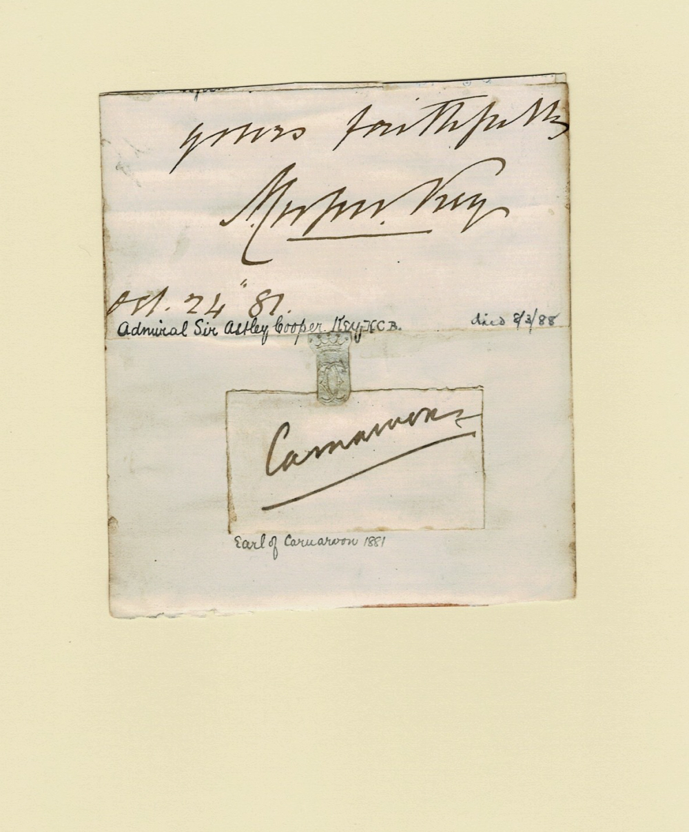 THE AUTOGRAPHS of British Admiral ASTLEY COOPER KEY, together with those of the Secretary of State for the Colonies and Lord Lieutenant of Ireland HENRY HERBERT, 4TH EARL OF CARNARVON and the English Stage Actress ELLEN TERRY.