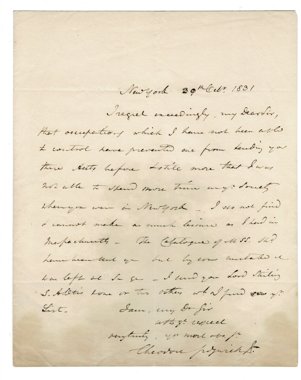 AUTOGRAPH LETTER SIGNED by the American attorney & politician THEODORE SEDGWICK, JR. to the Maryland shipowner and art collector Robert Gilmor II.