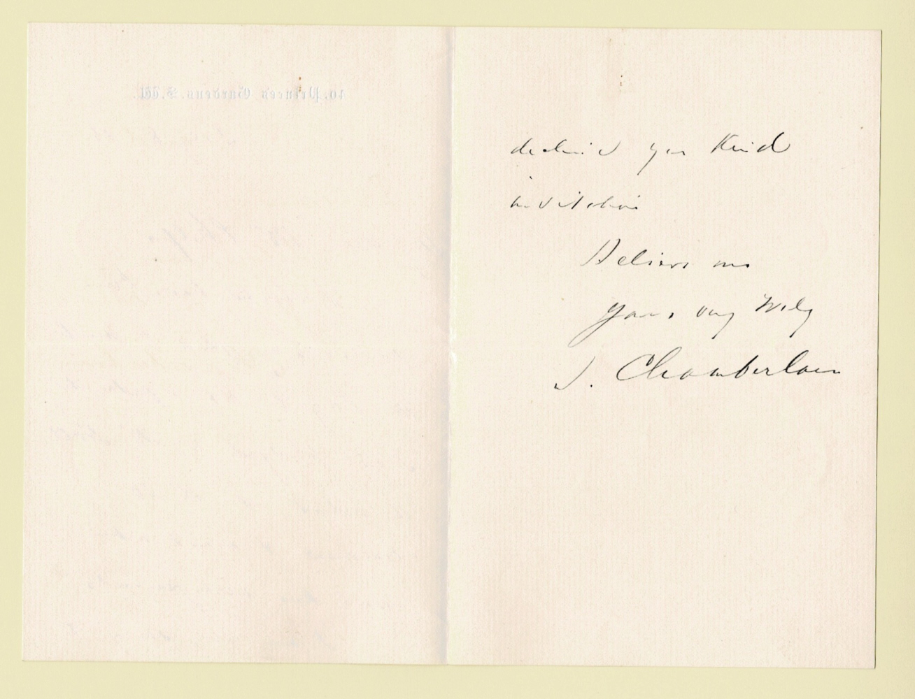 AUTOGRAPH LETTER SIGNED by the British Statesman JOSEPH CHAMBERLAIN mentioning his appointment with the portrait painter Frank Holl.