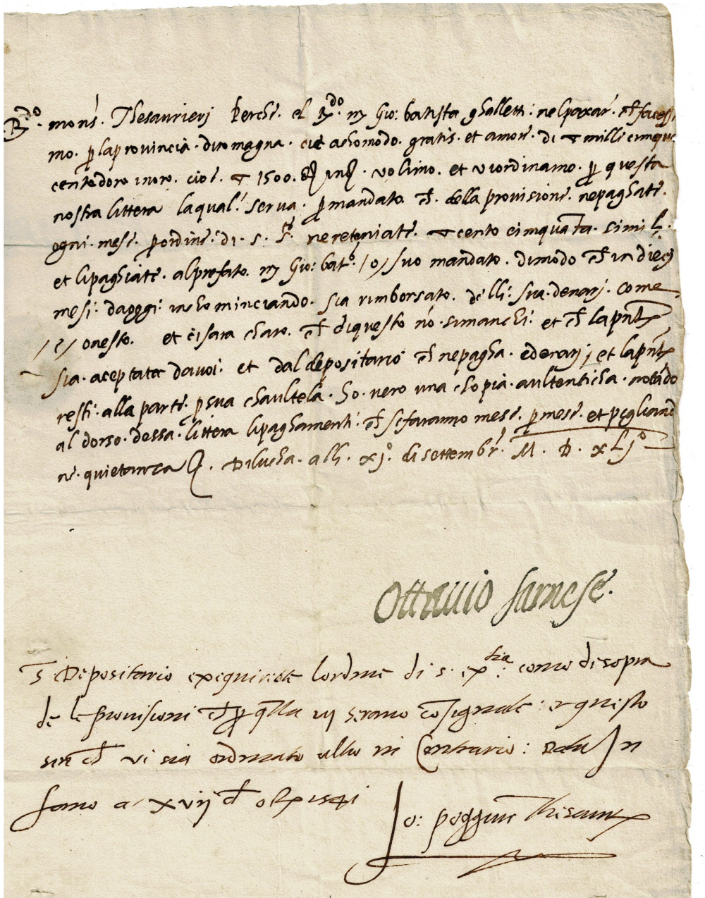 HOLOGRAPH DOCUMENT SIGNED by Pope Paul III's Grandson OTTAVIO FARNESE, DUKE OF PARMA AND PIACENZA and DUKE OF CASTRO ordering that monthly payments be made to Giovanni Battista Gualtieri.