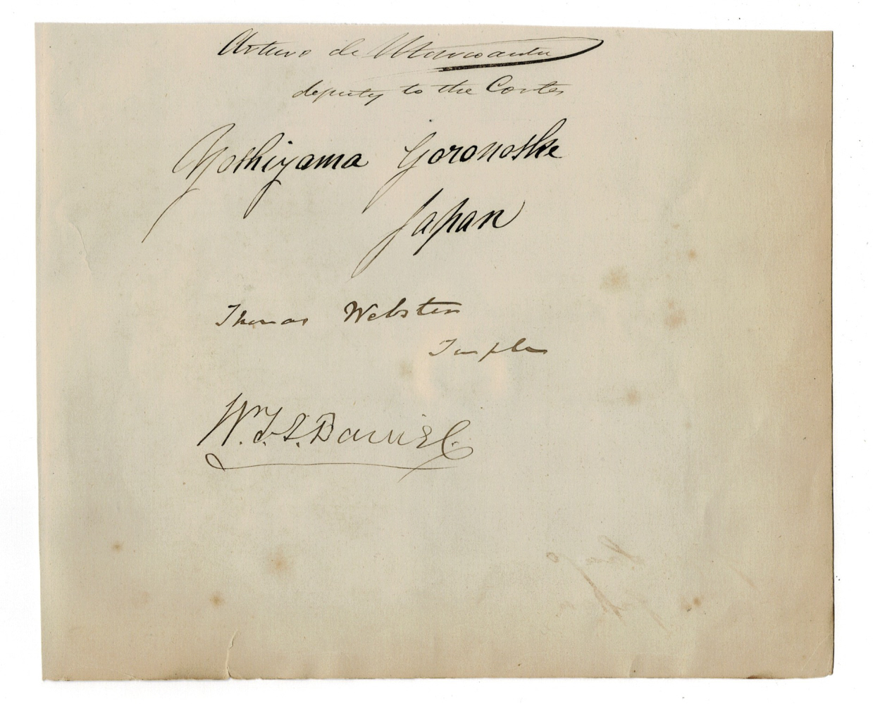 AUTOGRAPHS of 4 Significant Figures in 19th Century Legal and Legislative Circles, of chief importance is that of GORONOSUKE YOSHIYAMA, the First JAPANESE National admitted to the British Bar who rose to a position as a Judge in Japan's Supreme Court. Also those of the English Barrister THOMAS WEBST