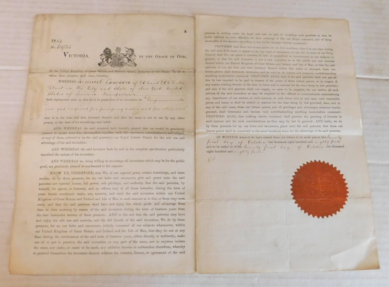ORIGINAL BRITISH PATENT for the American engineer & inventor SAMUEL LAWSON'S 