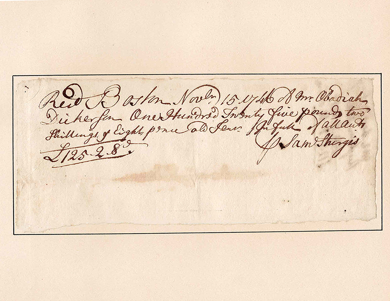 Image for COLONIAL AUTOGRAPH DOCUMENT SIGNED by the Prominent Boston Trader SAMUEL STURGIS as a receipt for payment received from Obadiah Dickerson. COLONIAL AUTOGRAPH DOCUMENT SIGNED by the Prominent Boston Trader SAMUEL STURGIS as a receipt for payment received from Obadiah Dickerson.